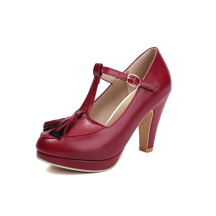 NASBAVI Fashion Female Pumps Round Toe Chunky Heels 9cm Platform 1.5cm Buckle T-Strap Tassels Plus Size 46 47 48 Sexy Shoes PlatiNum