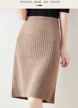 Autumn Winter Women Wool Skirt Elastic Waist Mini Slim Fit Cashmere Skirts 100% Merino Wool Knitted Office Lady Above Knee Dress PlatiNum