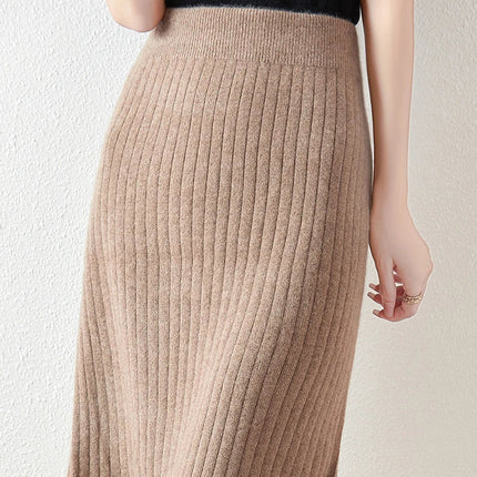 Autumn Winter Women Wool Skirt Elastic Waist Mini Slim Fit Cashmere Skirts 100% Merino Wool Knitted Office Lady Above Knee Dress PlatiNum