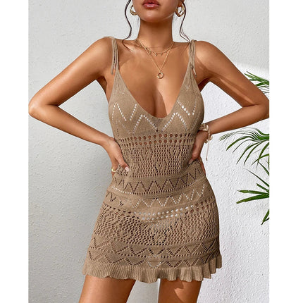Abito da donna in tinta unita senza maniche con scollo all'americana, per le vacanze estive, bikini lavorato a maglia, copricostume, abiti da spiaggia alla moda senza schienale platinumshop
