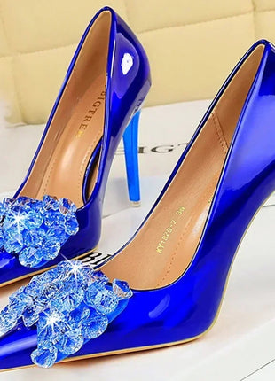 Donne 10.5cm tacchi alti in pelle lucida Drag Queen banchetto Dress Pumps Lady Luxury Crystal Bow Stiletto Blue Green Red Prom Shoes