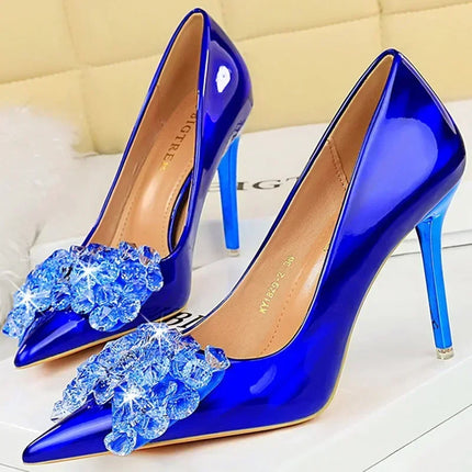 Donne 10.5cm tacchi alti in pelle lucida Drag Queen banchetto Dress Pumps Lady Luxury Crystal Bow Stiletto Blue Green Red Prom Shoes