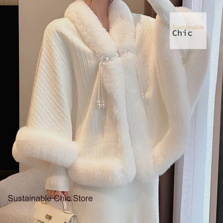 Korean style thick cloak shawl with cheongsam women's autumn and winter fur collar plus velvet to keep warm Chinese cardigan.