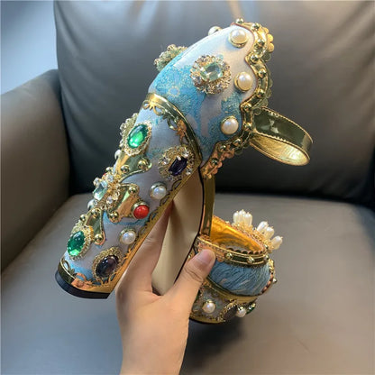 Women Chunky High Heels Shoes Platform Sandals For Women Rhinestone Metallic Gold Leather Shoes Woman Peep Toe Wedding Shoes