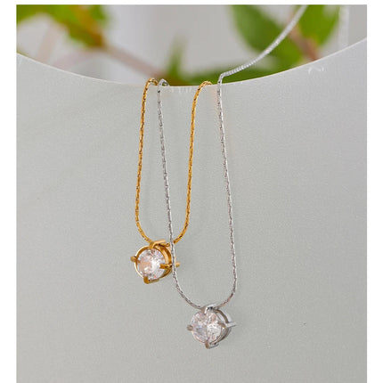 Yhpup Korean Chic Stainless Steel Shiny Cubic Zirconia Cast Delicate Necklace Pendant for Women Daily Waterproof Basic Jewelry PlatiNum