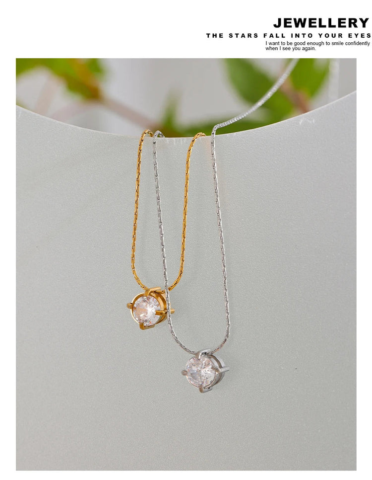 Yhpup Korean Chic Stainless Steel Shiny Cubic Zirconia Cast Delicate Necklace Pendant for Women Daily Waterproof Basic Jewelry PlatiNum
