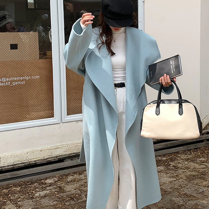 High-end Women Double-sided Wool Long Coat Warm Baby Blue Lapel Loose Double Breasted Wool Coat Female Fashion Autumn Winter