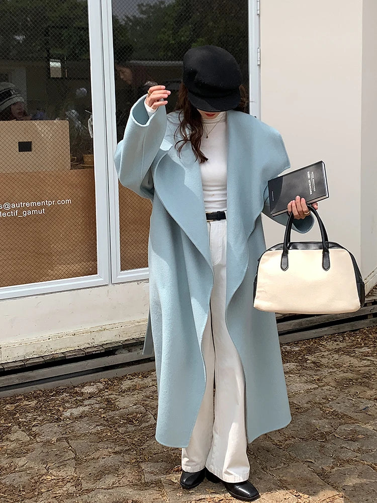High-end Women Double-sided Wool Long Coat Warm Baby Blue Lapel Loose Double Breasted Wool Coat Female Fashion Autumn Winter