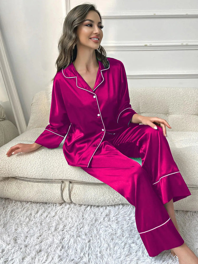 Pigiama da donna Completo da notte Completo da pigiama Pj Set Top a maniche lunghe in raso con pantaloni Pigiama da 2 pezzi Pigiama da donna