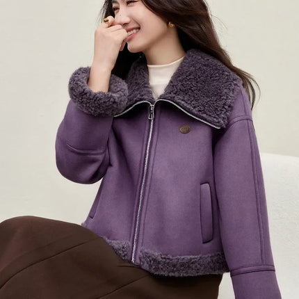 SENTUBILA Women's Faux Suede Coat Plush Lapel Zipper Faux Leather Cropped Jacket 2026 Winter Retro Ladies Outerwear W54PD5913