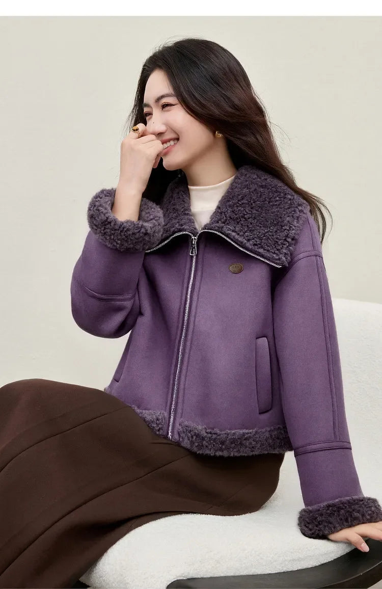 SENTUBILA Women's Faux Suede Coat Plush Lapel Zipper Faux Leather Cropped Jacket 2026 Winter Retro Ladies Outerwear W54PD5913