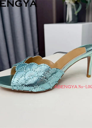 2026 Summer Trendy New Shiny Fish Mouth Toe Sexy Stiletto Sandals Woman Quality Sequined Thin High Heel Slippers for Women Shoes PlatiNum