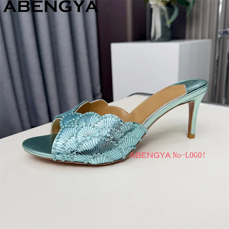 2026 Summer Trendy New Shiny Fish Mouth Toe Sexy Stiletto Sandals Woman Quality Sequined Thin High Heel Slippers for Women Shoes PlatiNum
