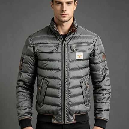 Men Winter Quilted Bomber Jacket Faux Leather Spliced Stand Collar Windproof Warm Coat Male Vintage Cowboy Badge Casual Outerwea