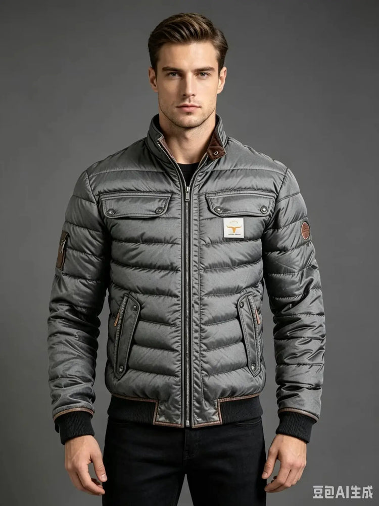 Men Winter Quilted Bomber Jacket Faux Leather Spliced Stand Collar Windproof Warm Coat Male Vintage Cowboy Badge Casual Outerwea