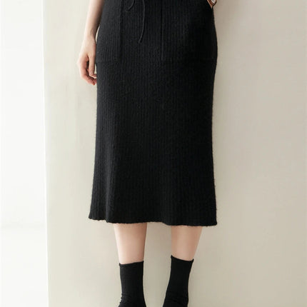 2025 Quality Woman 100% Cashmere Knitwear Thick Basic Skirts Autumn Winter Sexy Long A-Line Drawstring Vertical Stripe  Clothing PlatiNum