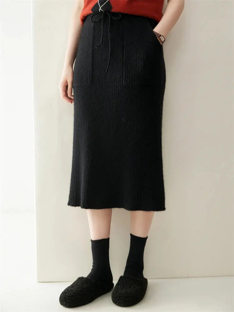 2025 Quality Woman 100% Cashmere Knitwear Thick Basic Skirts Autumn Winter Sexy Long A-Line Drawstring Vertical Stripe  Clothing PlatiNum