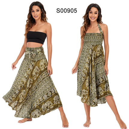 Boho Gonne Donna Rayon Beach Abito lungo Estate Bohemian Jupe Longue Femme Elastico in vita Stampa Fasciatura floreale Halter Hippie platinumshop