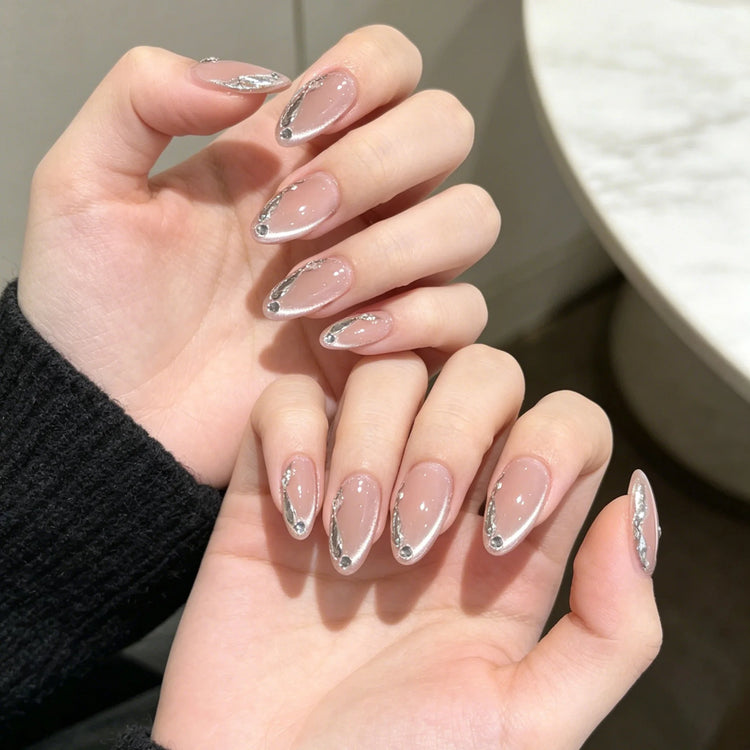 10PCS Original Handcrafted Nude Cat Eye Almond Press On Nails, Sparkling Rhinestone Artificial False Nails