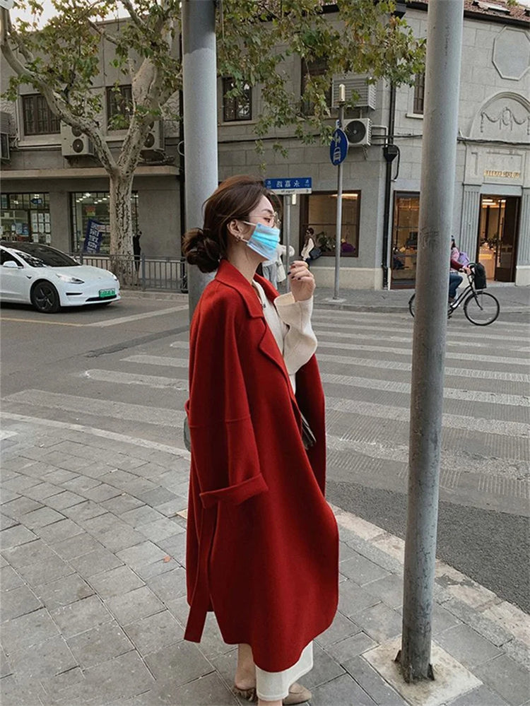 Double-sided Cashmere Big Collar Women's Coat 100% Pure Wool Reversible Woolen Coat High-End Fashion Loose Women's Wear 2026