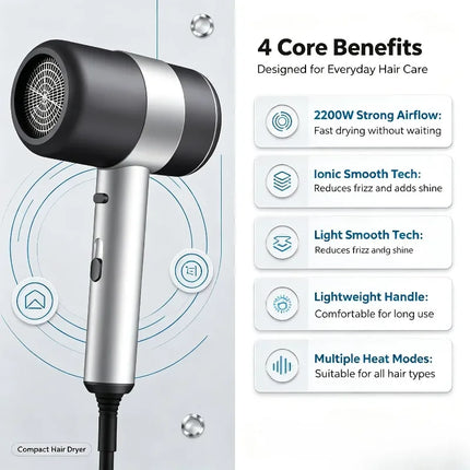 WETECH W1119 2200W Negative Ionic Hair Dryer 220-240V EU Plug Professional Compact Hair Blow Dryer With Concentrator Nozzle Cool Shot Function For Home Travel