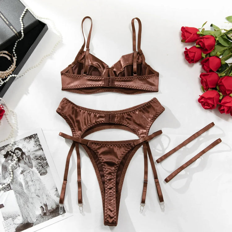 Ellolace Elegant Women's Lingerie Sets Premium Satin Solid Bra 5PC Sexy Daily Youth Hot Girl's Underwear Private Party Costume