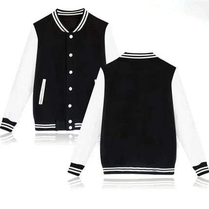 Preppy Style B-class printed baseball jacket with black and white color block sleeves and contrasting colors