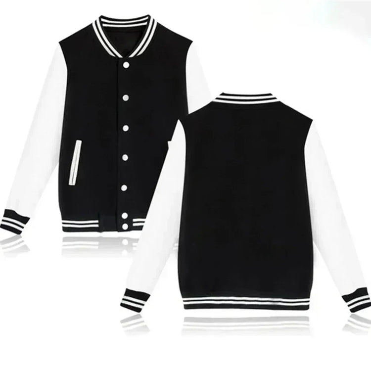 Preppy Style B-class printed baseball jacket with black and white color block sleeves and contrasting colors