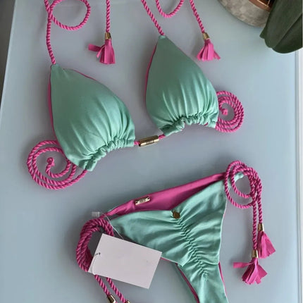 Nuovo Bikini da Donna Multicolore con Triangolo e Laccetti sulla Schiena platinumshop