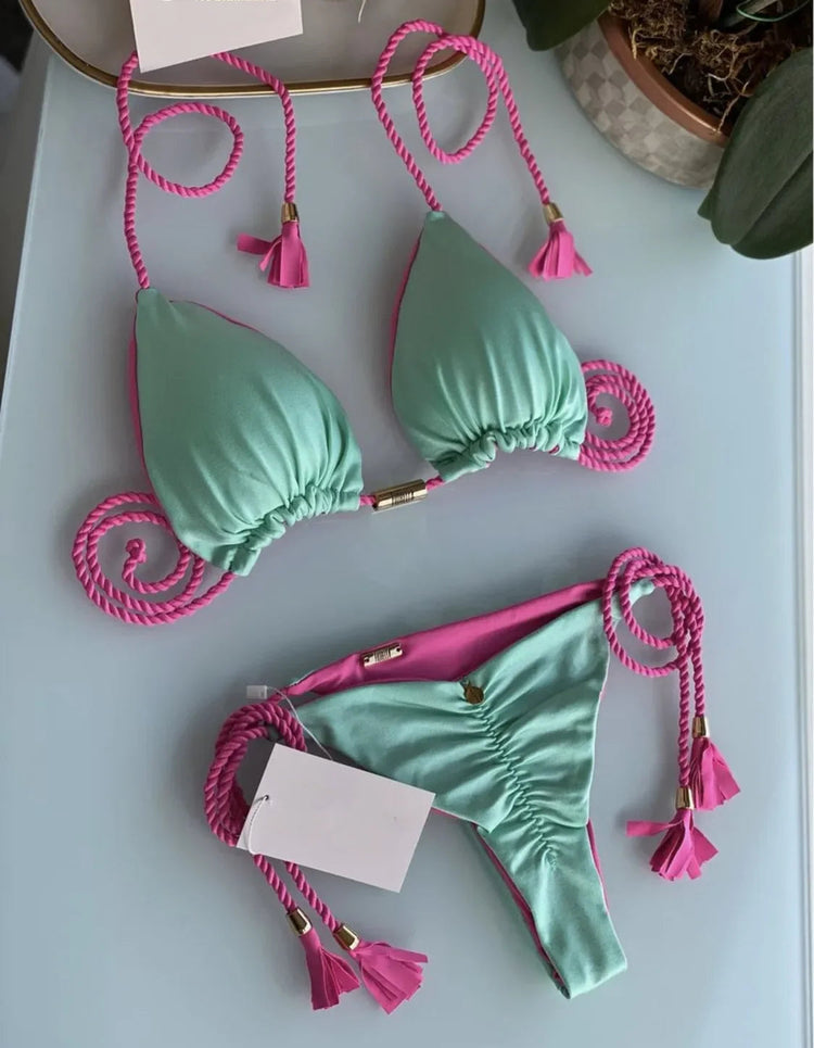 Nuovo Bikini da Donna Multicolore con Triangolo e Laccetti sulla Schiena platinumshop
