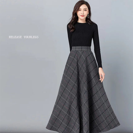 New Women Thick Woolen Skirt Autumn Winter Fashion Elastic High Waist A-Line Long Plaid Skirt Elegant Easy Match Wool Skirt PlatiNum