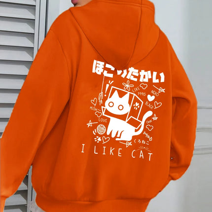I Like Cat Heart Box Cat Print Women Hoody Autumn Fleece Hoodies Jogging Loose Streetwear Casual All-Match Female Hoodie