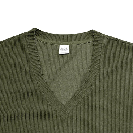 Men's European and American Summer Corduroy Solid Color Slim Casual V-Neck T-Shirt Amazon