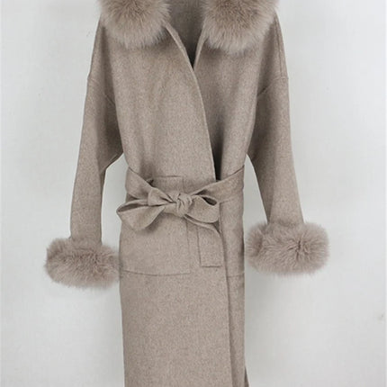 OFTBUY Omen Double Face Wool Coat Natural Fur Coat Wool Blend Jacket Winter Warm Elegant Long Sleeve Fur Cuffs Fashion Outerwear