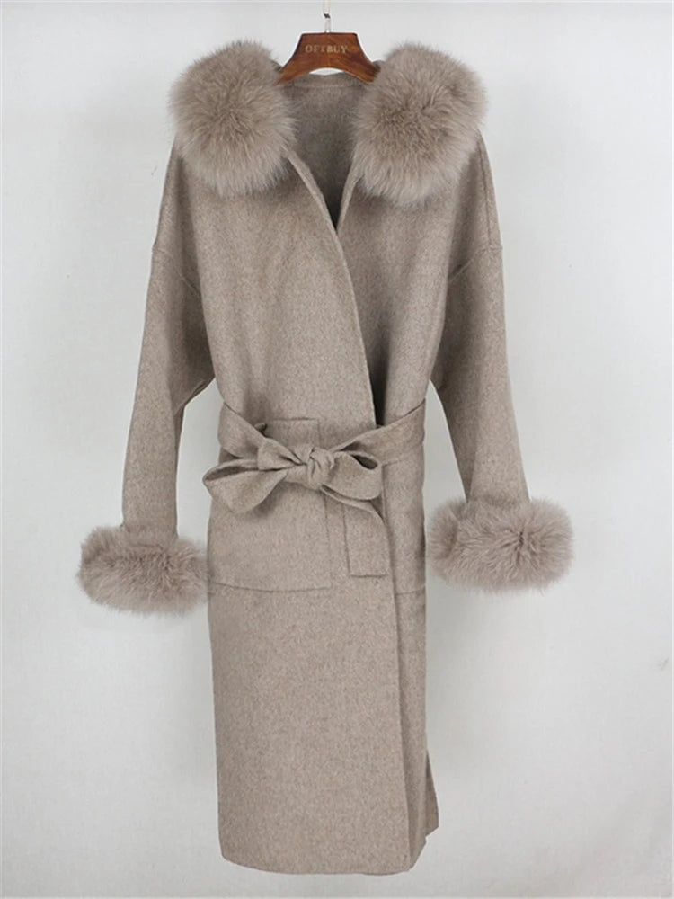 OFTBUY Omen Double Face Wool Coat Natural Fur Coat Wool Blend Jacket Winter Warm Elegant Long Sleeve Fur Cuffs Fashion Outerwear
