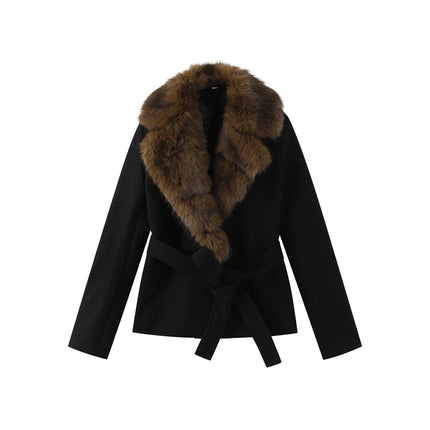 Shawl Faux Fur Women Coat Full Sleeve Woolen Lady Jacket 2025 Fashion Autumn Winter Lace Up Belted Waist Female Loose Outwears