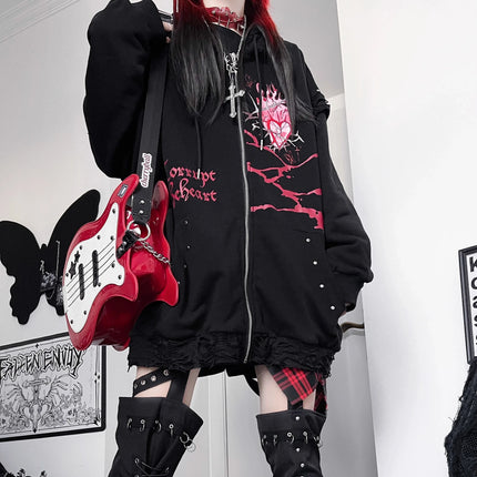 Original Print Subculture Dark Loose Cat Ear Distressed Hooded Sweatshirt Jacket Zip Up Hoodie Oversized Hoodie