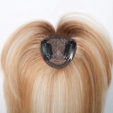 Ombre Light Blonde Real Human Hair Toppers with Swiss Lace Base Hair 3D Air Bangs 10inch Human Hair Topper for Women Hair Loss