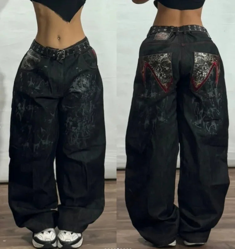 Y2K moda nuove donne stampa di lettere jeans larghi streetwear vintage gotico popolare casual Joker pantaloni a gamba larga a vita alta abbigliamento