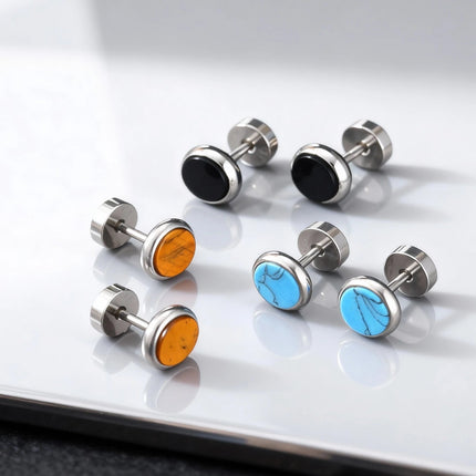 Piccoli orecchini rotondi in pietra naturale per uomo, orecchini a bottone in acciaio inossidabile ipoallergenici, regalo di gioielli di moda hip hop platinumshop