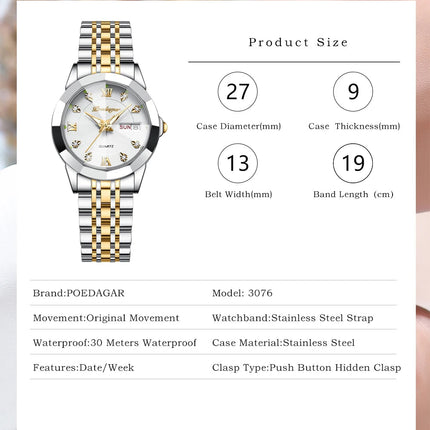 POEDAGAR orologi da donna di marca di lusso impermeabile luminoso data settimana orologio al quarzo per donna orologio da donna di moda in acciaio inossidabile platinumshop