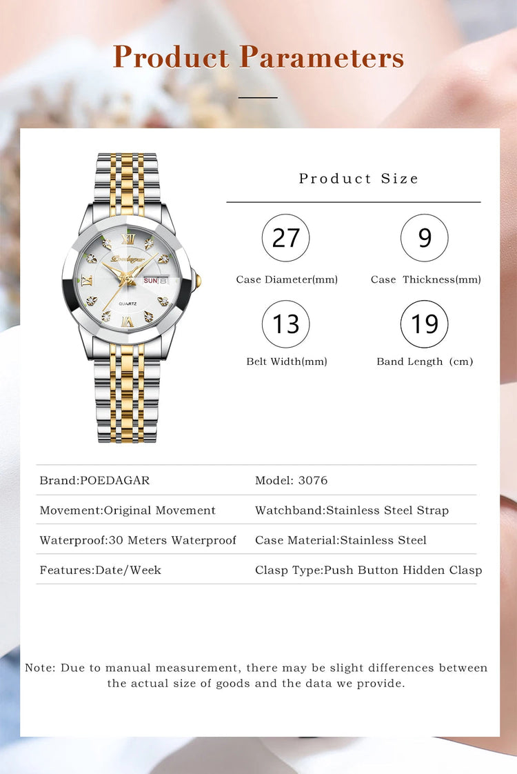 POEDAGAR orologi da donna di marca di lusso impermeabile luminoso data settimana orologio al quarzo per donna orologio da donna di moda in acciaio inossidabile platinumshop
