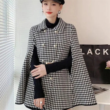 High end Casual Simple and Trendy New Cape Double Row Knitted Woolen Coat 2026 Autumn Waist Cinching Fashionable Slimming Coat