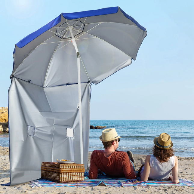 Outsunny Beach Parasol Ø1.9x2 m with 45° Reclinable Canopy, Side Panel with Windows and 2 Pockets, Beach Umbrella with 8 Ribs and 2-Section Steel and Polyester Design, Blue