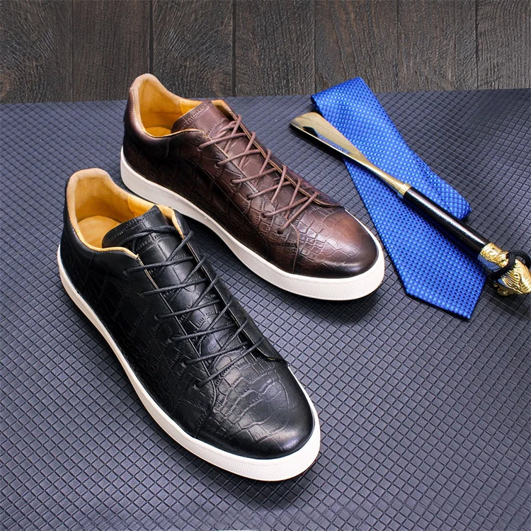 Men's Leather Shoes Casual Comfort Flat Shoes Lace Up Fish Pattern Handmade Shoes Dating Office Fashion Banquet Men's Shoes