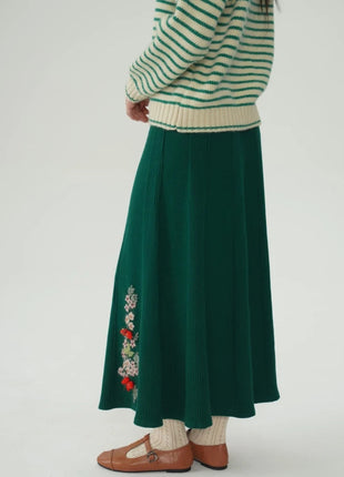 62-96cm Waist Fall Winter Long Skirts Women Elegant Handmade Embriodery Crochet Red Fruit Cashmere Wool Knitted Emerald Skirts PlatiNum