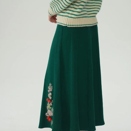 62-96cm Waist Fall Winter Long Skirts Women Elegant Handmade Embriodery Crochet Red Fruit Cashmere Wool Knitted Emerald Skirts PlatiNum