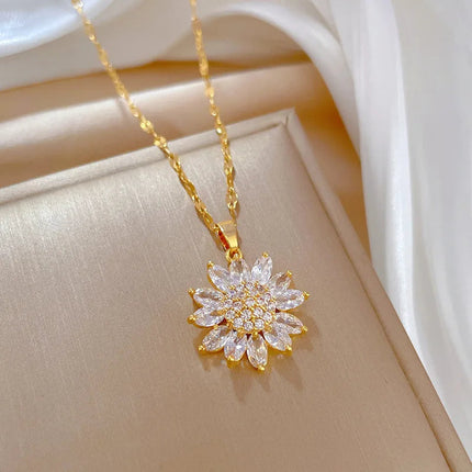 DIEYURO 316L Stainless Steel Luxury Zircon Flower Pendant Necklace For Women Girl New Trend Clavicle Chain Jewelry Lady Gift PlatiNum