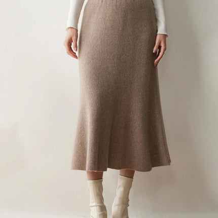 Autumn Winter Women New 100% Cashmere Fishtail Skirt  Mid Length Slimming High Waisted Knitted Umbrella Skirt Elegant Dress PlatiNum