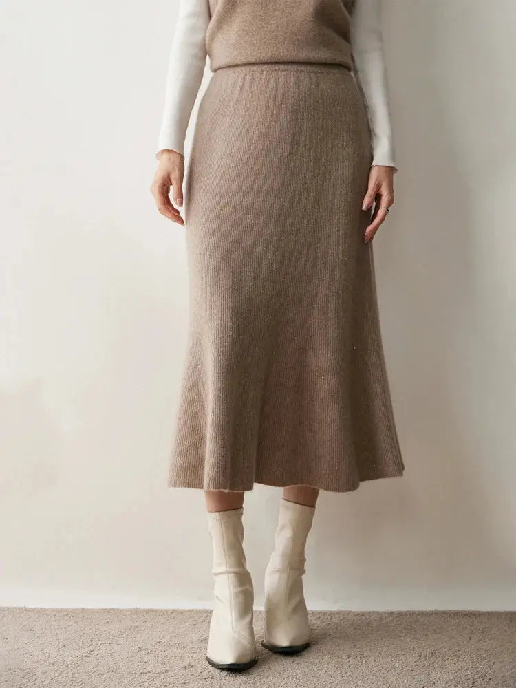 Autumn Winter Women New 100% Cashmere Fishtail Skirt  Mid Length Slimming High Waisted Knitted Umbrella Skirt Elegant Dress PlatiNum